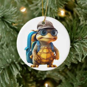 Adventurous Cute Little Turtle with Backpack, Ceramic Ornament