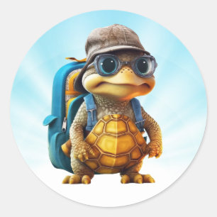 Adventurous Cute Little Turtle with Backpack, Classic Round Sticker