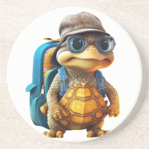 Adventurous Cute Little Turtle with Backpack, Coaster