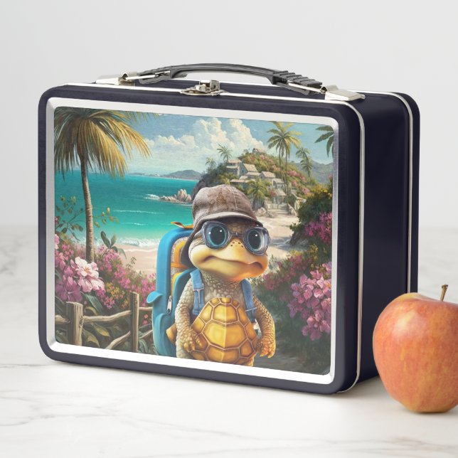 Adventurous Cute Little Turtle with Backpack, Metal Lunch Box (In Situ)