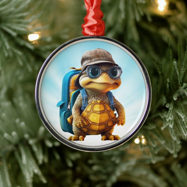 Adventurous Cute Little Turtle with Backpack, Metal Ornament (Tree)