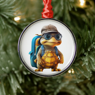 Adventurous Cute Little Turtle with Backpack, Metal Ornament