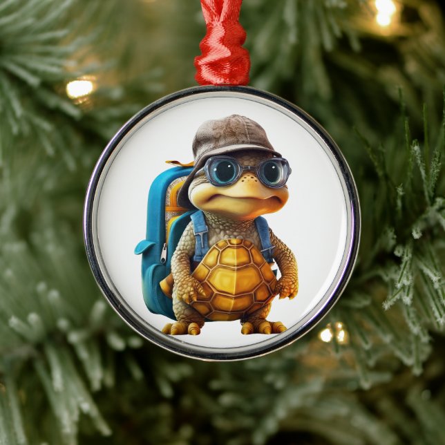 Adventurous Cute Little Turtle with Backpack, Metal Ornament (Tree)