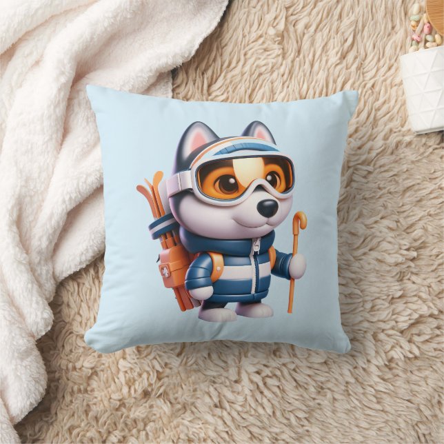 Adventurous Husky Skier Throw Pillow (Blanket)