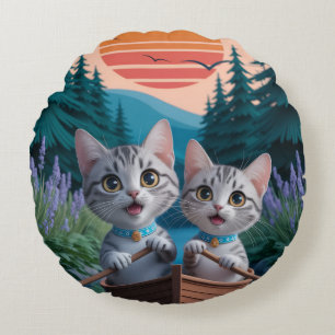 “Adventurous Kittens at Sunset – Cute Cat  Round Pillow