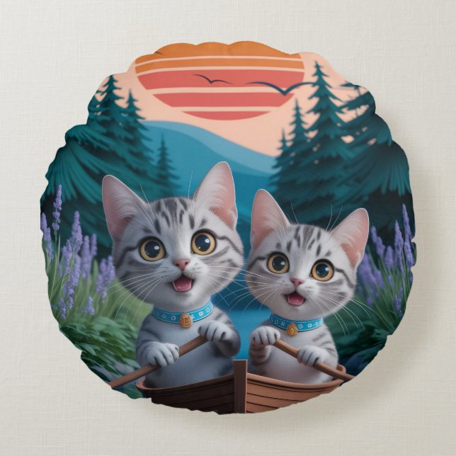 “Adventurous Kittens at Sunset – Cute Cat  Round Pillow (Front)