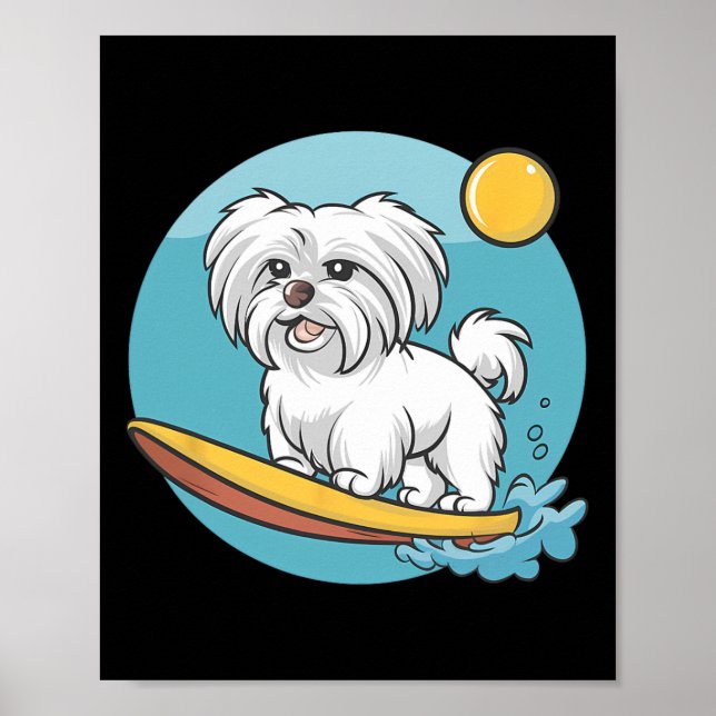 Adventurous Maltese Dog Surfing Funny Surfers  Poster (Front)