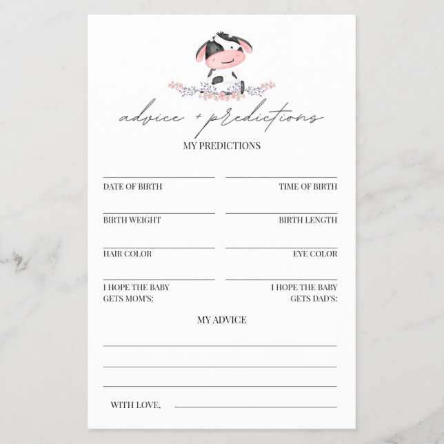 Advice and predictions Cow Pink Rustic Baby Shower Flyer (Front)