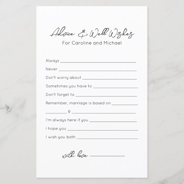 Advice and Well Wishes - Bridal Shower Game (Front)