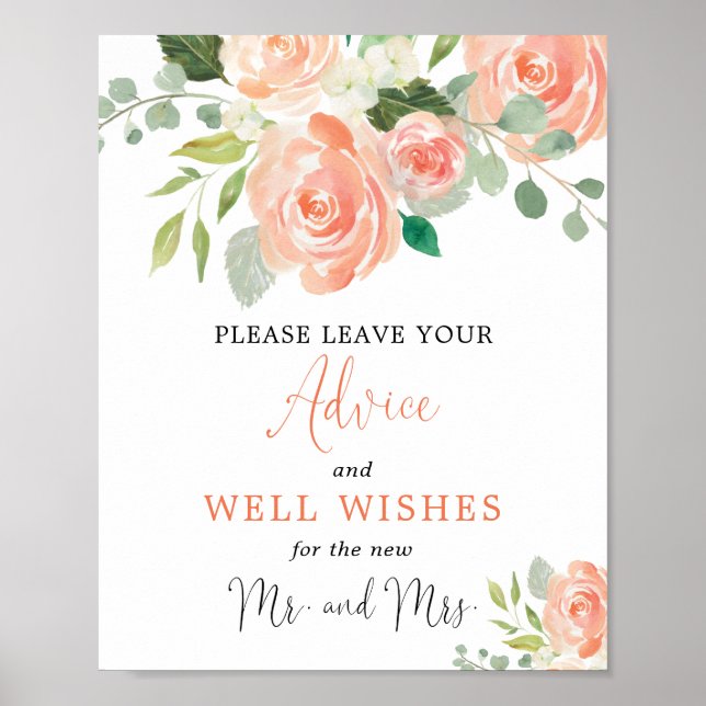 Advice and Well Wishes peach greenery bridal sign (Front)