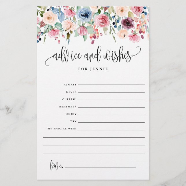 Advice and Wishes, Floral Bridal Advice Paper Card (Front)