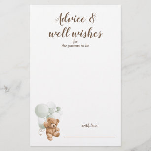 Advice and Wishes Sage Teddy Bear Baby Shower Flyer