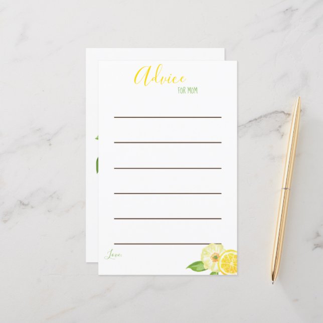 Advice Cards for Mom Baby Shower Lemon Yellow  (Front/Back In Situ)