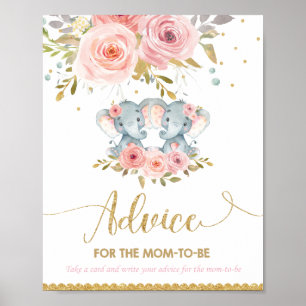 Advice for Mom to Be Elephant Twins  Baby Shower Poster
