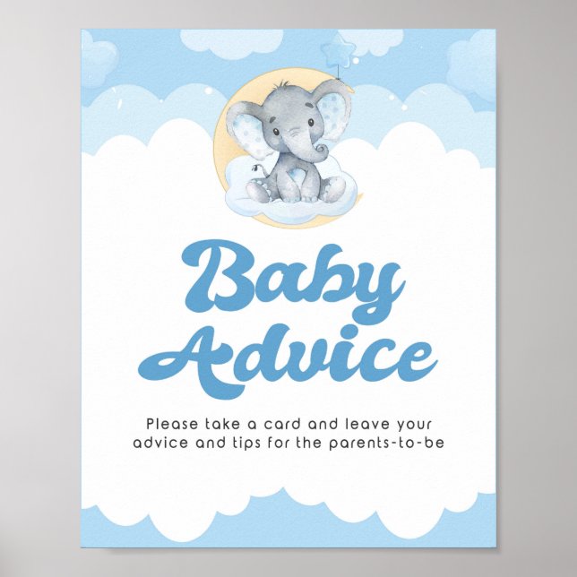 Advice Sign Blue Elephant Boy Baby Shower Poster (Front)