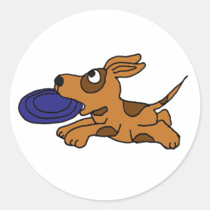 AE- Funny Brown Puppy Dog Catching Frisbee Classic Round Sticker