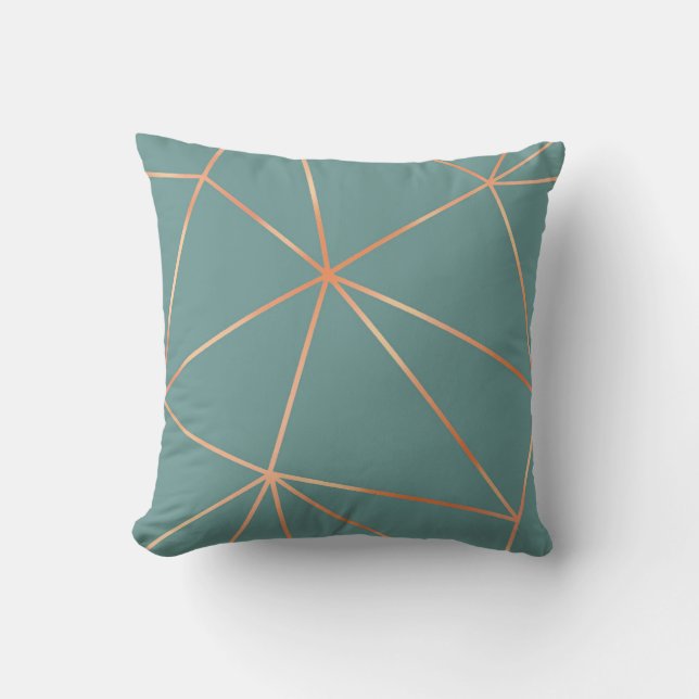Aegean Teal and Metallic Rose Gold Geometric Throw Pillow (Front)
