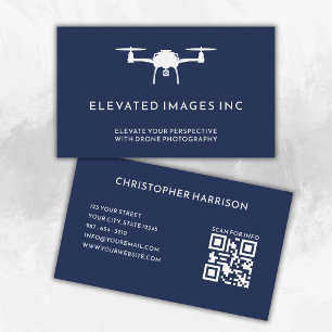 Aerial Drone Pilot Photography QR Code Navy White Business Card