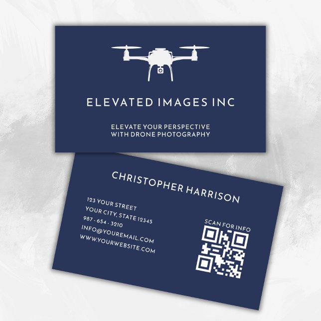 Aerial Drone Pilot Photography QR Code Navy White Business Card (Creator Uploaded)