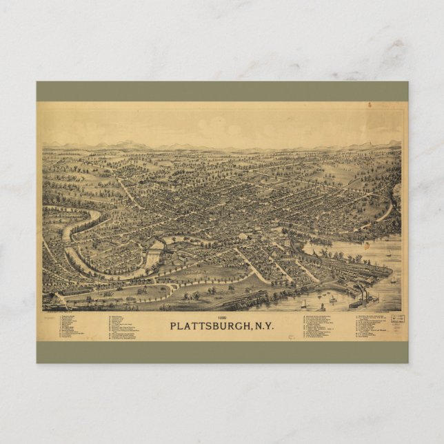 Aerial Map of Plattsburgh New York (1899) Postcard (Front)