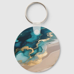 Aerial Ocean Resin Waves Turquoise Gold Coastal Keychain