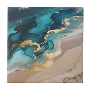 Aerial Ocean Resin Waves Turquoise Gold Coastal Tile