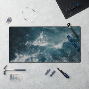 Aerial Ocean Waves Teal Coastal Desk Mat