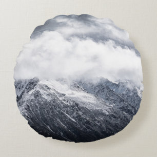 AERIAL PHOTOGRAPHY OF GRAY AND BLACK MOUNTAIN ROUND PILLOW