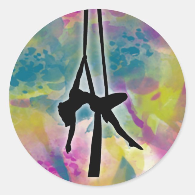 Aerial Silk Silhouette on Watercolor Flowers Classic Round Sticker (Front)