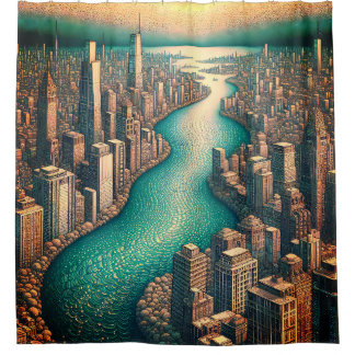 “Aerial View: Cityscape with Wind-Rippled River”