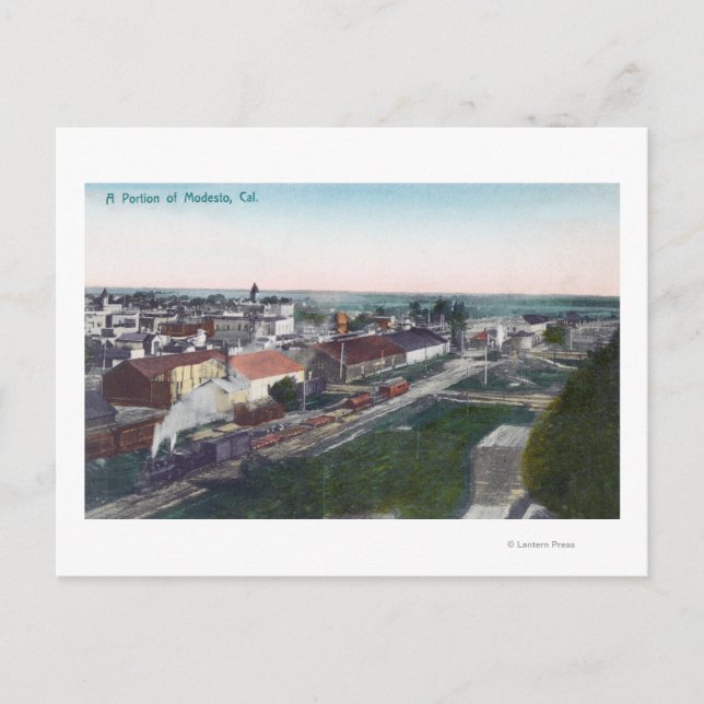 Aerial View of a Portion of CityModesto, CA Postcard (Front)