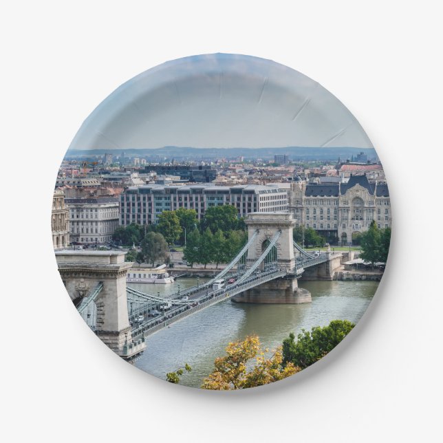 Aerial view of Chain Bridge in Budapest, Hungary Paper Plate (Front)