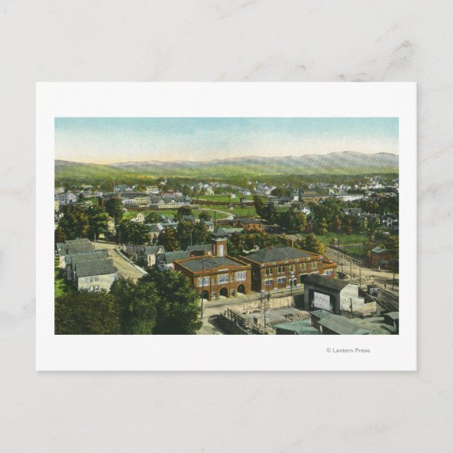 Aerial View of City, Fire Station & Municipal Postcard (Front)