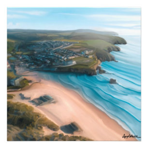 Aerial view of Cornish beach and town painting Photo Print