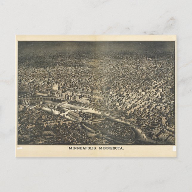 Aerial View of Minneapolis, Minnesota (1885) Postcard (Front)