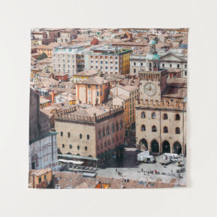 Aerial view of Piazza Maggiore square and San Petr Tapestry