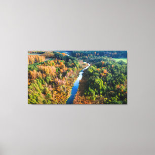 Aerial View of River and Colourful Forest in Autum Canvas Print