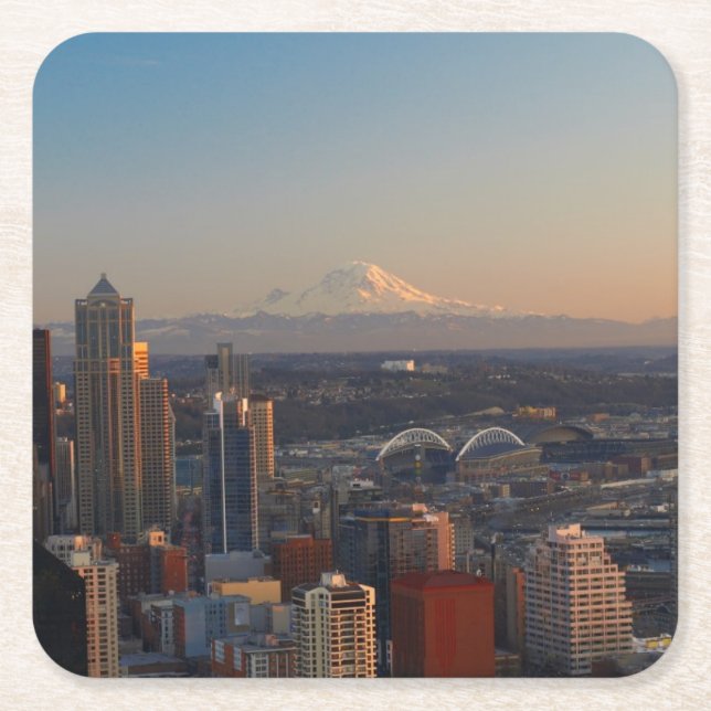 Aerial view of Seattle city skyline 2 Square Paper Coaster (Front)