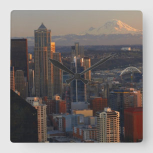 Aerial view of Seattle city skyline 2 Square Wall Clock