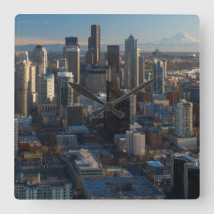 Aerial view of Seattle city skyline Square Wall Clock