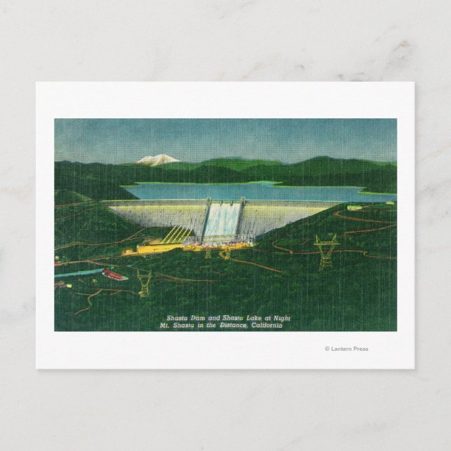 Aerial View of Shasta Dam, Lake, Mountain at Postcard (Front)