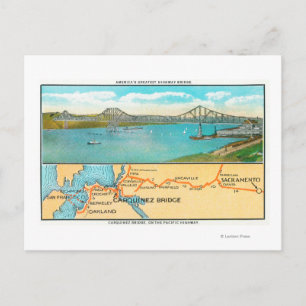 Aerial View of the Carquinez Bridge and Map Postcard