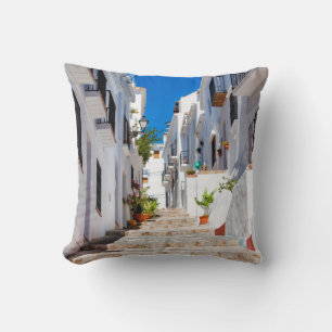 Aerial view of white city Frigiliana in sunny day  Throw Pillow