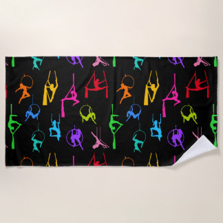 Aerialist Aerial Silks Lyra silhouettes rainbow Beach Towel