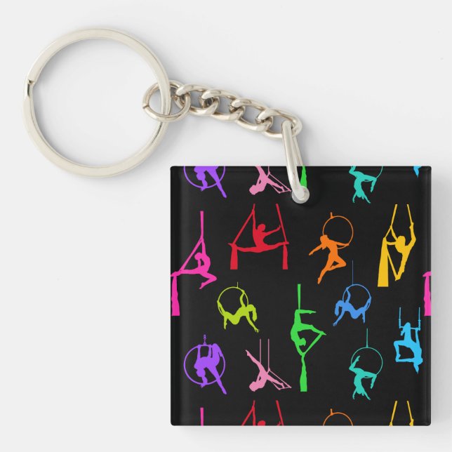 Aerialist Aerial Silks Lyra silhouettes rainbow Keychain (Front)