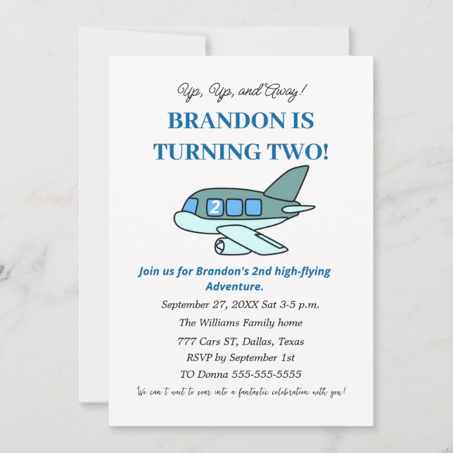Aeroplane 2nd Birthday Boy Blue Kids Planes Invitation (Front)