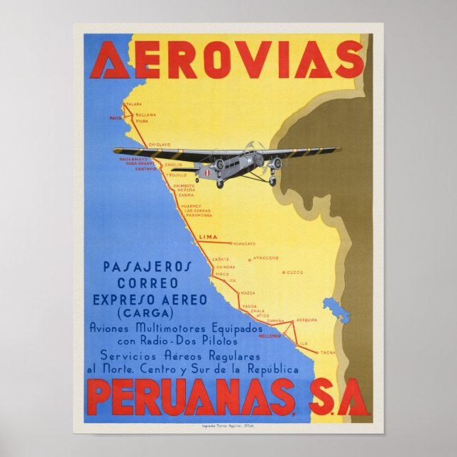 Aerovias Peruanas Pérou Poster vintage 1936 (Devant)