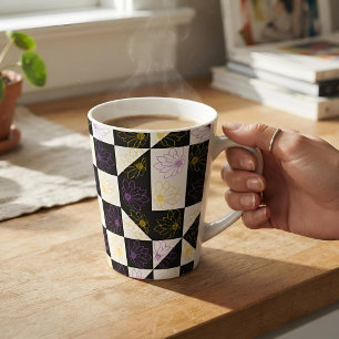 Aesthetic B&W Chequerboard Daisy Purple Yellow Latte Mug