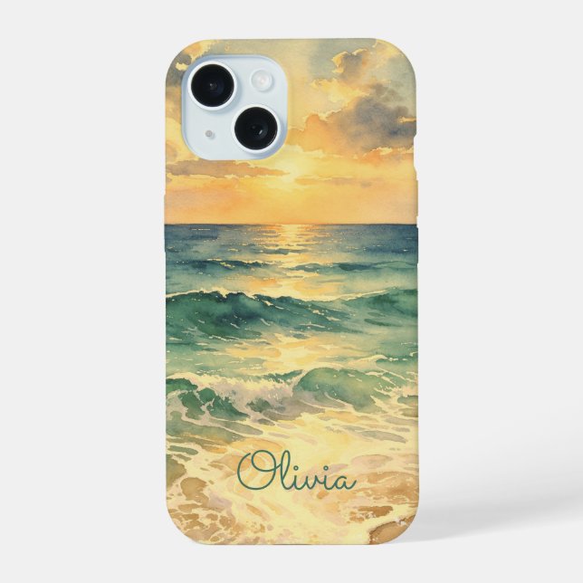 Aesthetic Beach Sunset Watercolor Custom Name iPhone 15 Case (Back)
