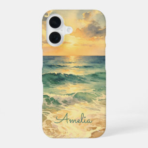 Aesthetic Beach Sunset Watercolor Custom Name iPhone 16 Case